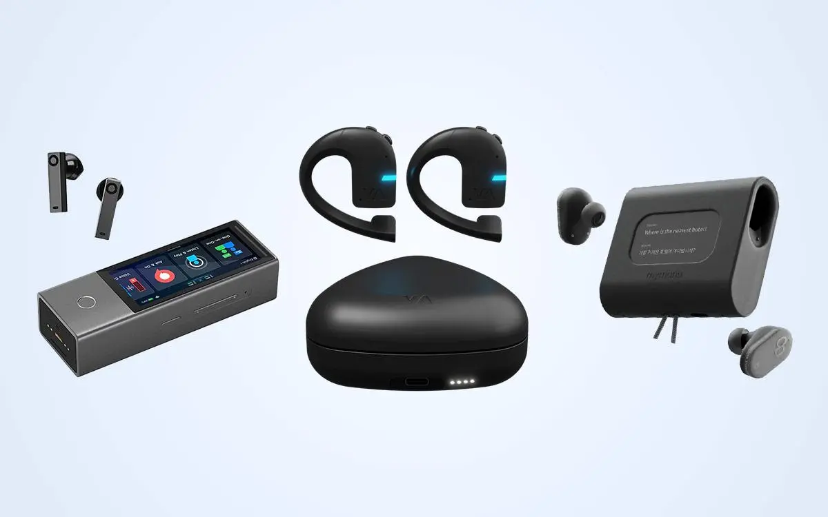 Confronto tra auricolari con traduzione IA: Vasco E1 Translator, Timekettle WT2 Edge e auricolari Mymanu CLIK Pro.